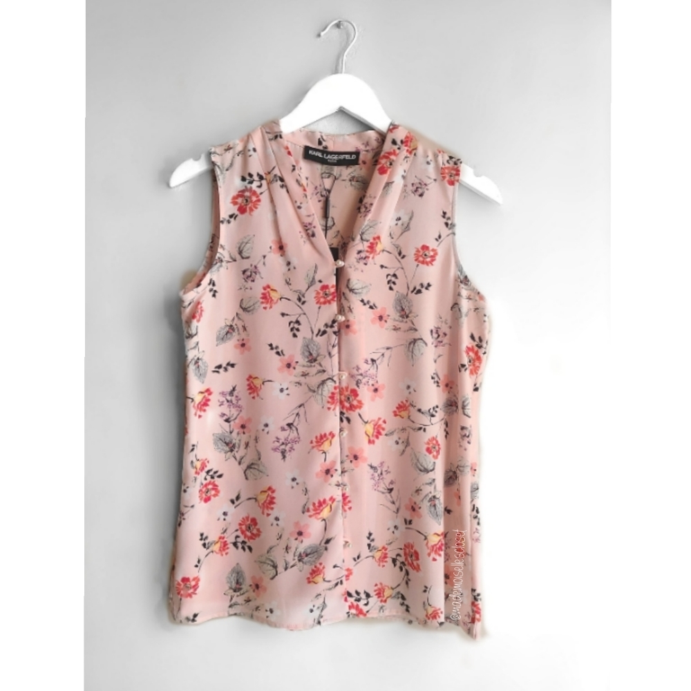 Karl Lagerfeld Pink Flower Print Blouse Sz XS